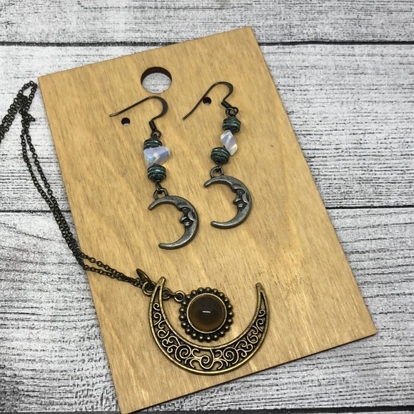 Artisan luna half moon boho statement festival earrings free necklace - Picture 1 of 5
